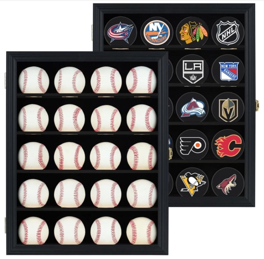 Baseball & Hockey Puck Wall Display Case Cabinet Acrylic Door Black